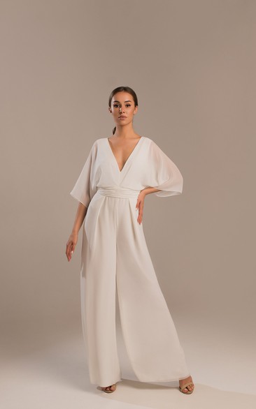 Half Sleeves Open Back Chiffon Deep V Back Floor Length Bridal Jumpsuit