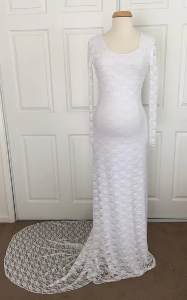 Sheath Scoop Lace Long Sleeve Court Train Lace Maternity Wedding Dress