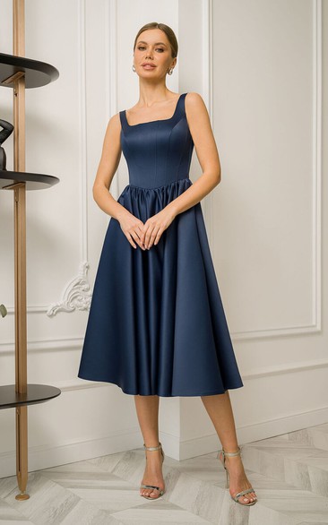 Simple Satin Sleeveless Tea-length A-line Dress