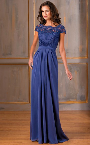 Sheath Bateau Short Sleeve Floor-length Chiffon Mother Of The Bride Dress with Appliques and Ruching