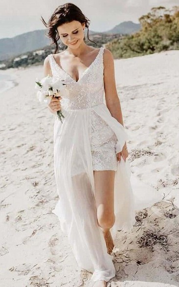 Destination V-neck Short Sleeveless Sheath Wedding Dress with Chiffon Skirt