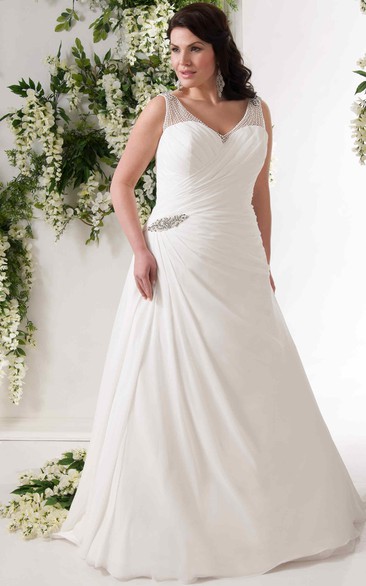 V-neck Sleeveless Beaded Chiffon plus size wedding dress With Side Draping