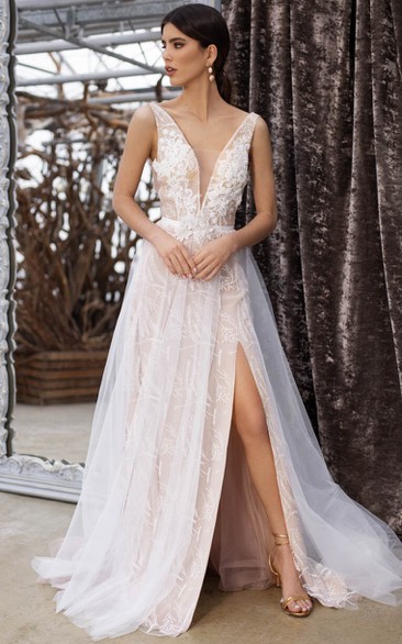 Plunged Illusion Sleeveless Front Split Tulle A-line Wedding Dress with Deep-v Back