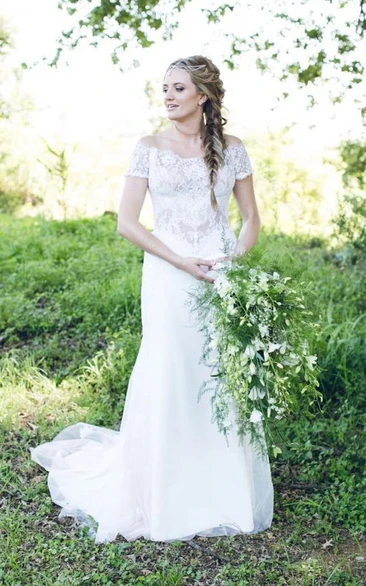 Lace Off-the-shoulder Short-sleeve Summer Simple Sheath Wedding Dress