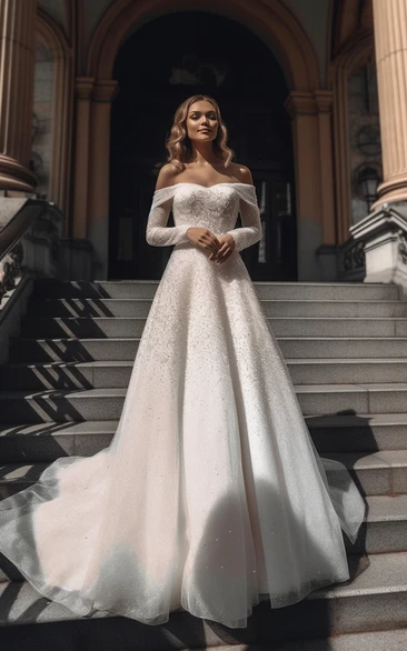 A-line Off-the-shoulder Ball Gown Illusion Long Sleeve Beaded Charming Wedding Dress