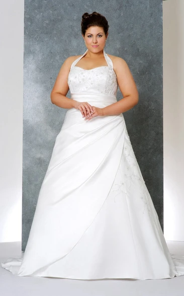 Haltered A-line Satin plus size wedding dress With Beading And Ruching