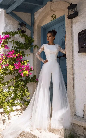 Long Sleeve Jewel Neck Wide Leg Wedding Jumpsuit with Over Skirt