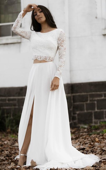Casual Long Sleeve Two Piece Chiffon Lace Bateau Wedding Dress with Split Front