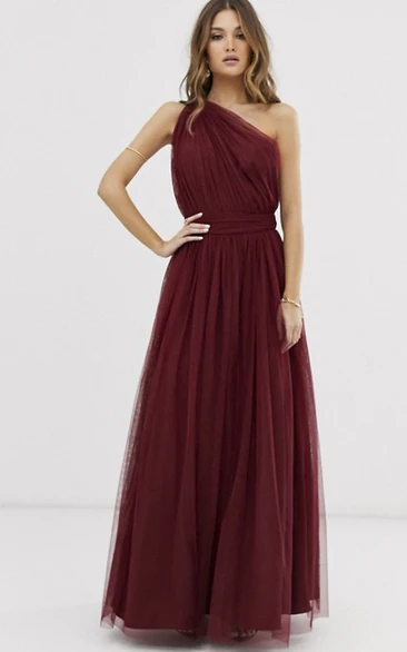 Burgundy One Shoulder Tulle Bridesmaid Dress With Ruching And Open Back