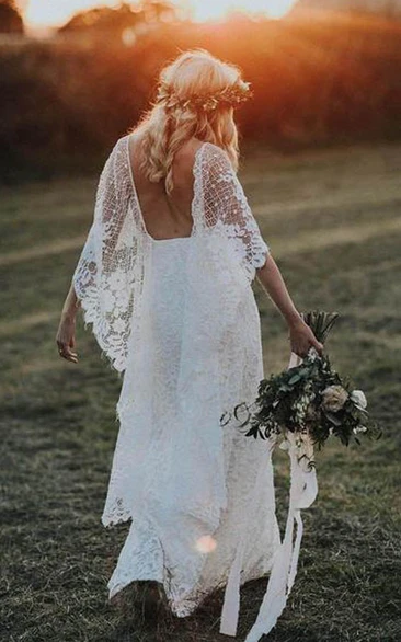 Spaghetti Lace Sheath Front Split Boho Wedding Dress with Cape