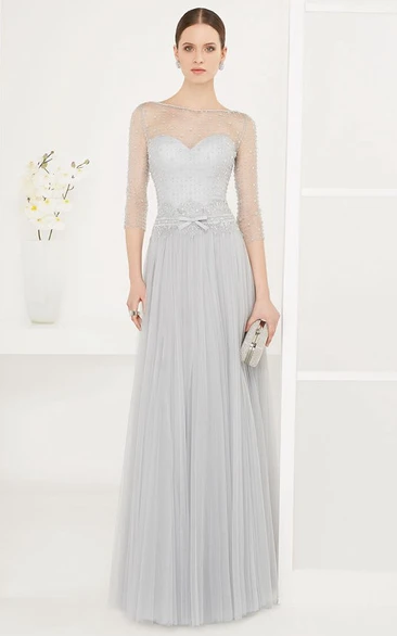 A-line Jewel 3/4 Length Sleeve Floor-length Tulle Evening Dress with Illusion and Bow