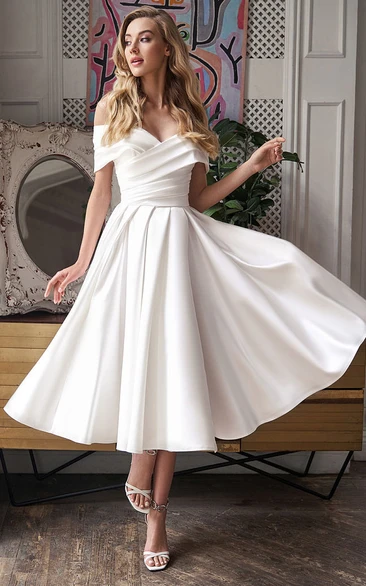Off-the-shoulder Satin Criss-cross A-line Tea-length Simple Short Wedding Dress