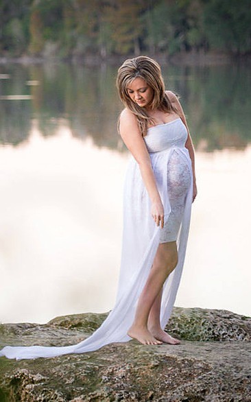A-line Strapless Split Front  Cape Sleeveless Court Train Chiffon Lace Maternity Wedding Dress