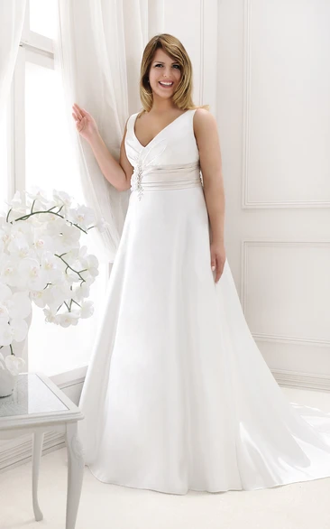 Plunged Sleeveless A-line Satin plus size wedding dress With Ruched waist