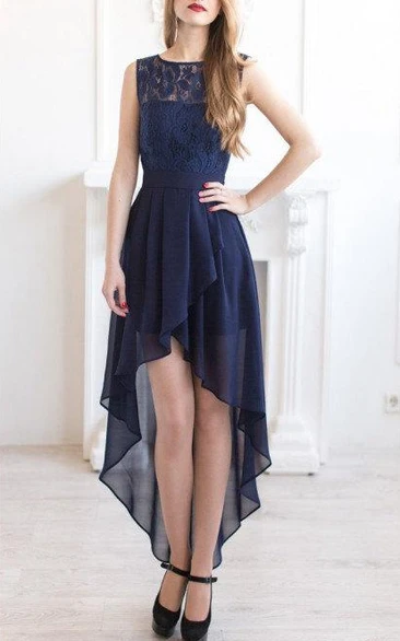 Bateau High-low Chiffon A-line Dress With bow And Lace top