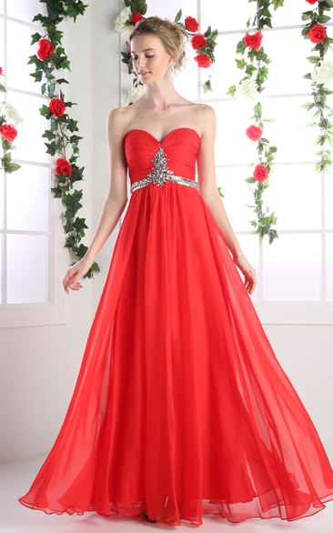 A-line Sweetheart Sleeveless Sweep Train Chiffon Prom Dress with Open Back and Ruching