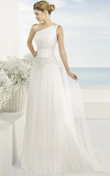 A-line One-shoulder Sleeveless Floor-length Tulle Wedding Dress with Appliques and Pleats