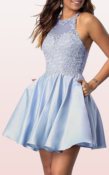 Jewel Satin Lace Sleeveless Short Cross Back Homecoming Dress with Appliques
