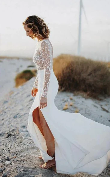 Beach Long Sleeve Front Split Chiffon Low-v Back Wedding Dress