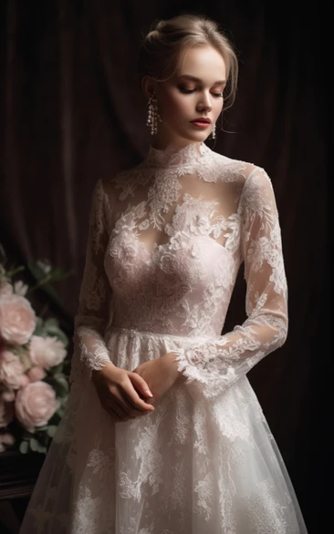 High-neck Illusion Long Sleeve Lace Applique A-line Ball Gown Wedding Dress