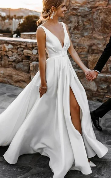Modern V-neck Sexy Satin Front Split Sleeveless A-line Wedding Dress