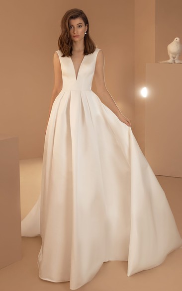 Simple Sleeveless Ball Gown Satin V-neck Wedding Dress with Pockets and Zipper Back