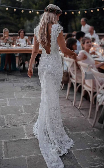 Country Cap Lace Sheath Deep-v Back Sweep Train Wedding Dress