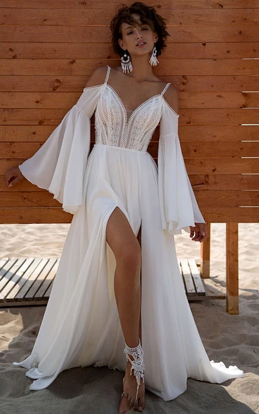 Spaghetti Bell Sleeve Chiffon Front Split Beach Summer Wedding Dress with Lace Top