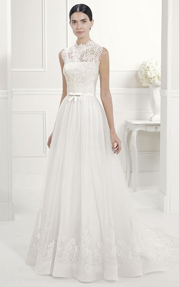 High Neck Sleeveless Lace A-line Dress With Illusion And Court Train