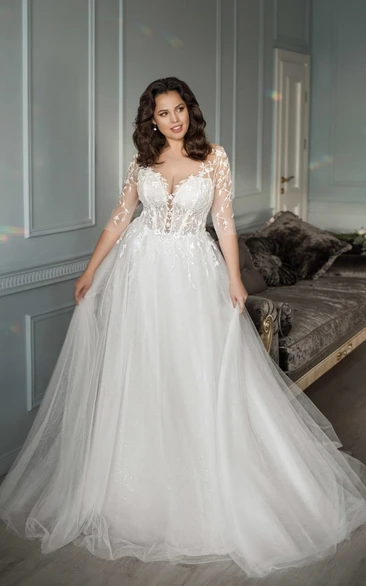 Plus Size Illusion 3-4-sleeve A-line Ball Gown V-neck Wedding Dress with Sweep Train
