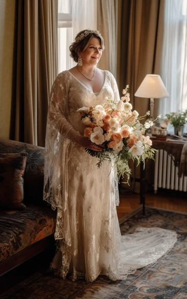 V-neck Cape Lace Tulle Vintage Wedding Dress with Sweep Train