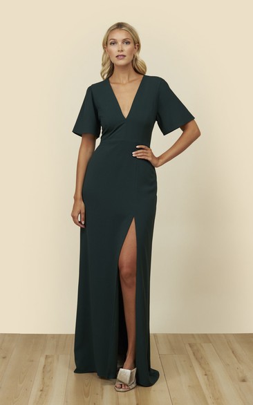 Bell Half Sleeve Dress With Plunging Neckline And Front Split With A Keyhole Back