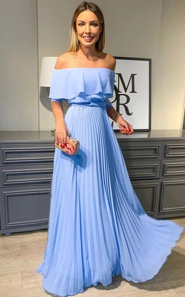 Off-the-shoulder Pleated Floor-length A-line Blue Prom Dress