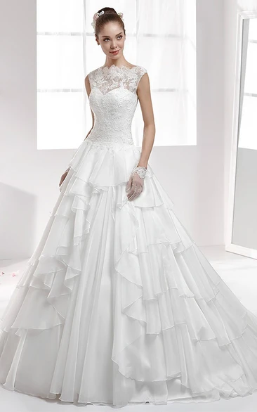 A-line Jewel Sleeveless Floor-length Lace Wedding Dress with Illusion and Cascading Ruffles