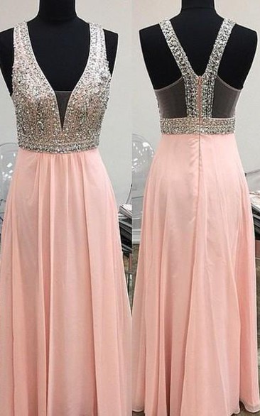 Lovely Pink Halter Prom Dress Long Chiffon With Beaidngs