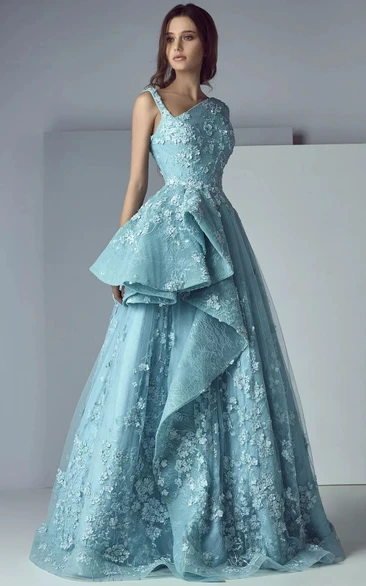 Blue A-line Ball Gown Lace Applique Formal Peplum Evening Dress