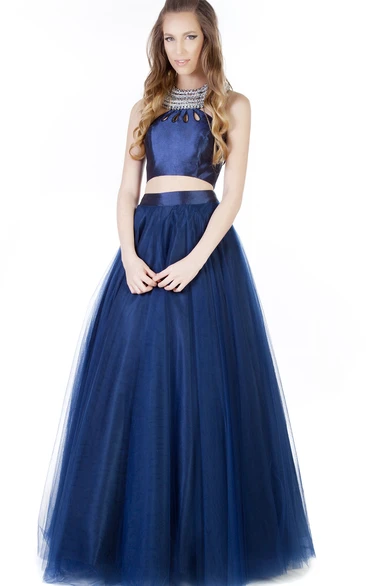 A-Line Long Sleeveless Beaded Tulle Prom Dress With Pleats