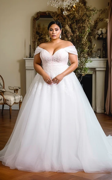 Off-the-shoulder Plus Size Sweetheart Empire A-line Ball Gown Tulle Wedding Dress