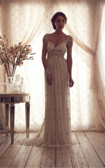 Gorgeous Cap Sleeve Crystal Sheer Applique Lace Beaded Sash Sweep Train Wedding Dress 