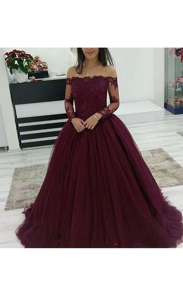 Modern Off-the-shoulder Illusion Lace Long Sleeve Tulle Ball Gown Dress