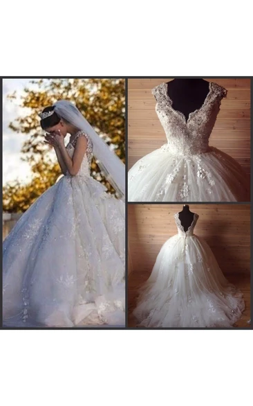 Pleated Lace Cap-Sleeve Princess Tulle Ball Gown