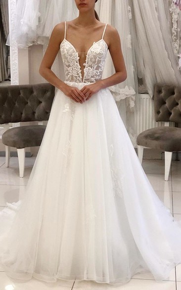 Spaghetti A-line Ball Gown Tulle Illusion Wedding Dress