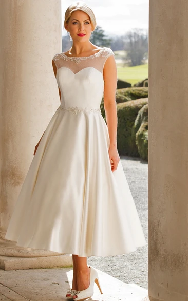 Scoop-neck A-line Satin Tea-length Wedding Dress With Illusion