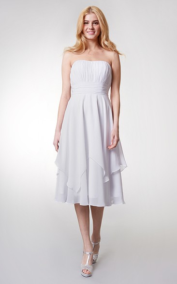Tea-Length High-Waist Strapless Layered Bridesmaid Dress