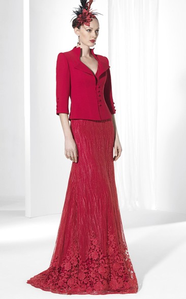 A Line V-neck Half Sleeve Floor-length Tulle Mother Of The Bride Dress with Jacket