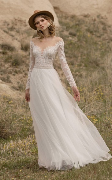 Long Sleeve Illusion Off-the-shoulder Tulle Applique Wedding Dress with Deep-v Back