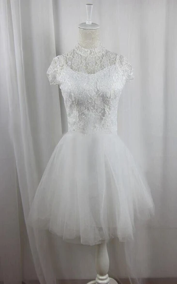 High Neck Lace Short Sleeve A-line Wedding Dress With Tulle skirt