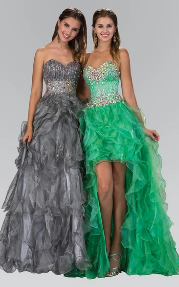 A-line Sweetheart Sleeveless High-low Organza Prom Dress with Beading and Ruffles