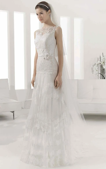 A-line Jewel Sleeveless Floor-length Lace Wedding Dress with Illsion and Tiers