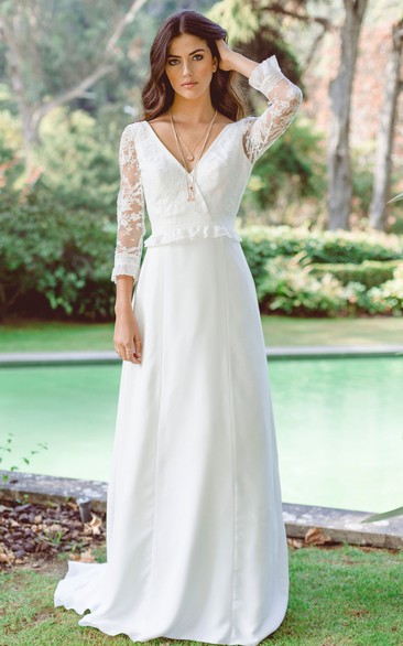 Simple A Line Chiffon Floor-length 3/4 Length Sleeve Wedding Dress with Appliques